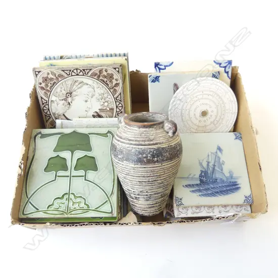 16 ASST TILES. Dutch delft + Art Nouveau etc + VASE + SLIDE RULERS ETC