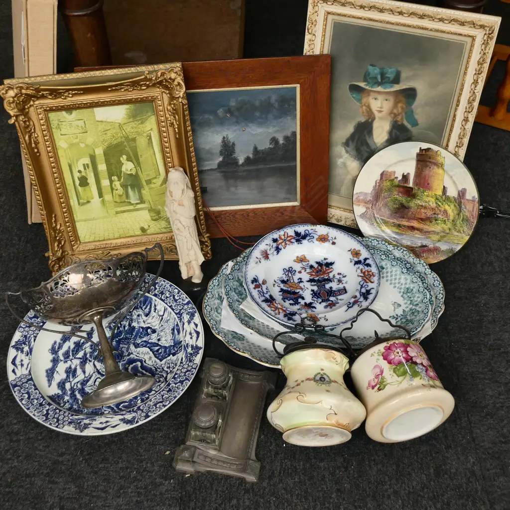 ASST. ANTIQUE CHINA, 2 BISCUIT BARRELS, EP COMPORT & DESK SET, RESIN ORIENTAL FIGURE H.235mm, 3 ARTWORKS Image 1++