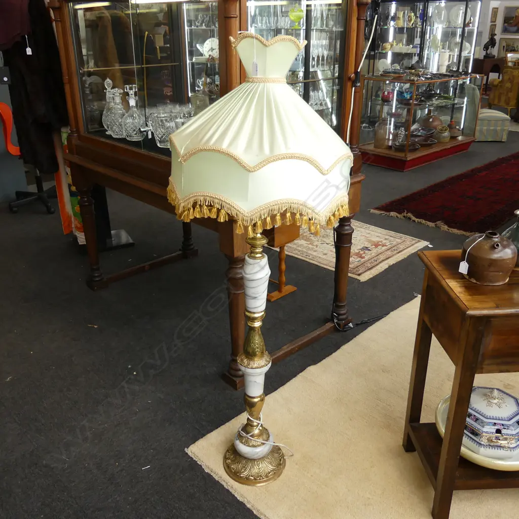 ITALIAN VINTAGE STANDARD LAMP brass with white & grey marble sections. With shade. H.1440mm Image 1++
