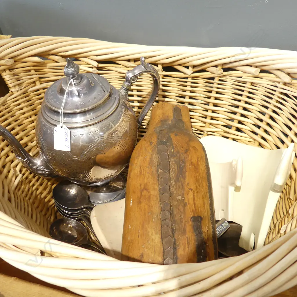 WOVEN CANE BASKET + c1900 S/PLATE COFFEE POT + 3 RHINO + WOODEN VASE. S/PLATE ETC Image 1++