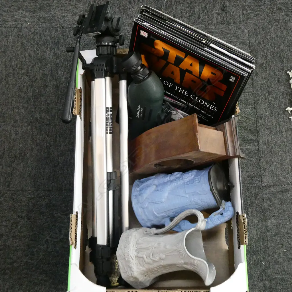 JIEHE SPOTTING SCOPE & TRIPOD, 2 ANTIQUE JUGS, MANTEL CLOCK (CASE ONLY), 4 STAR WARS BOOKS Image 1++