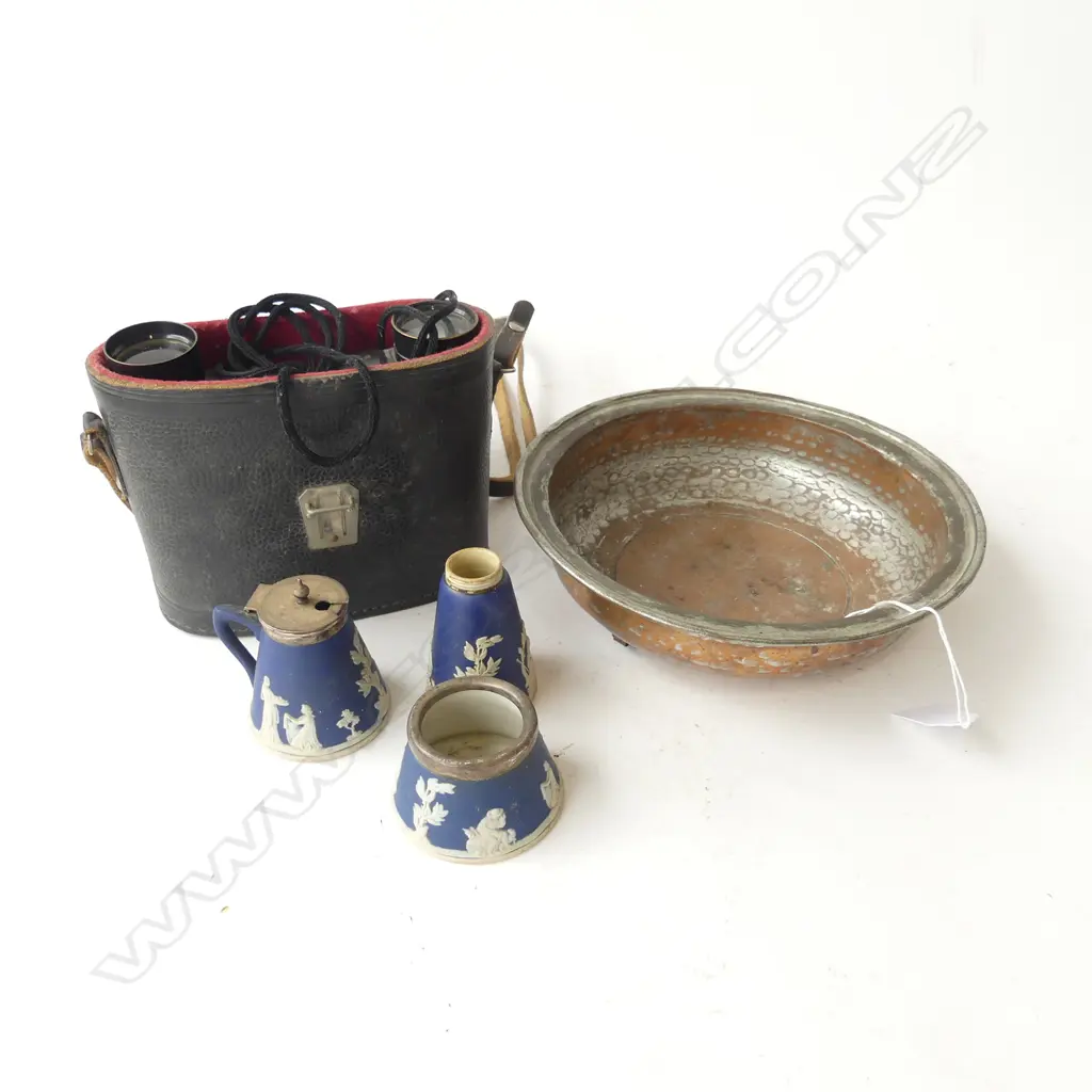 pr early 20thC FRENCH BINOCULARS + WEDGWOOD CONDIMENTS + SILVER ON BEATEN COPPER BOWL Image 1++