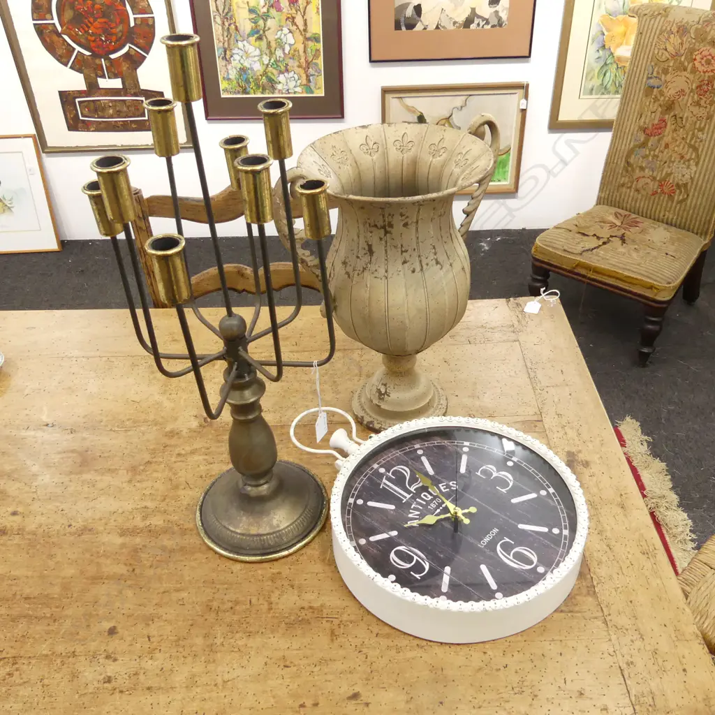 3 PCES; CANDLEHOLDER H.580mm, METAL URN, ANTIQUE STYLE WALL CLOCK 300mm dia Image 1++