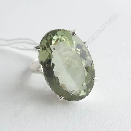 SILVER GREEN AMETHYST RING, OVAL CUT STONE SIZE R 1/2