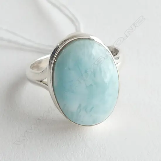 SILVER & LARIMAR RING, CABACHON  CUT SIZE Q