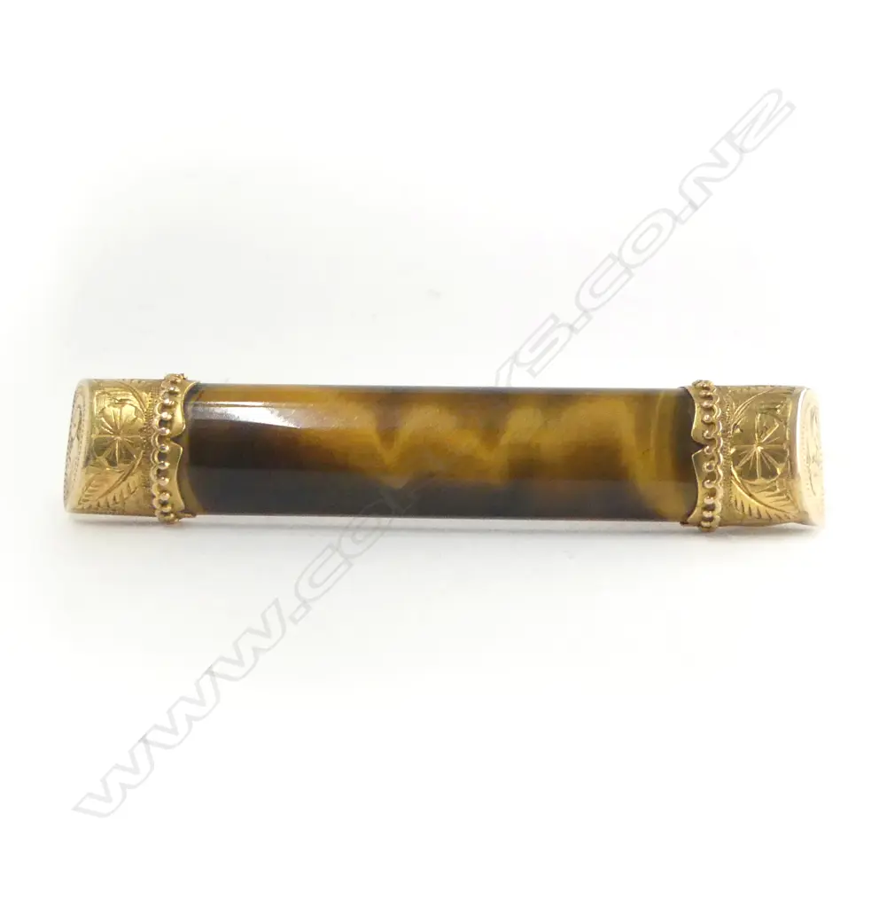 19thC 15ct GOLD & TIGERS EYE BAR BROOCH Image 1++
