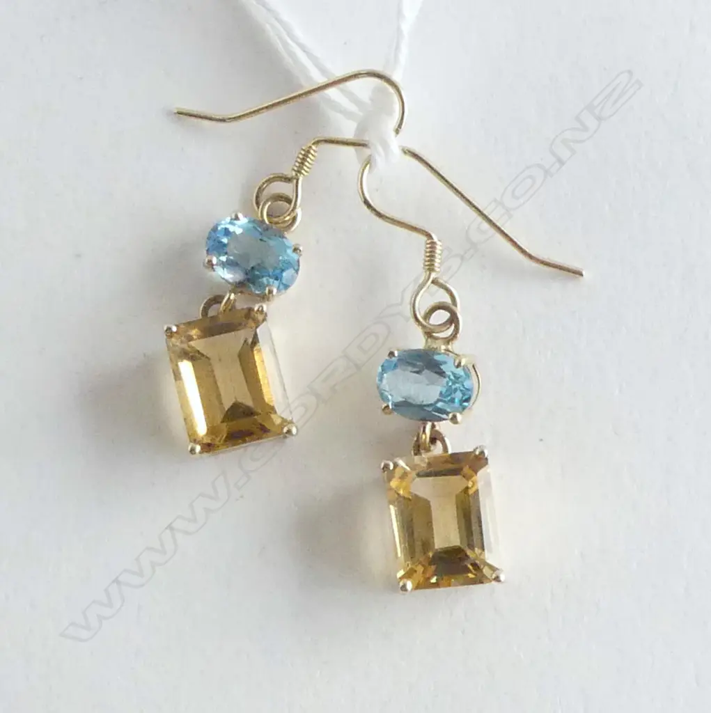 **RTV**  PR 14ct DROP EARRINGS w OVAL BLUE TOPAZ & PRINCESS CUT CITRINES Image 1++