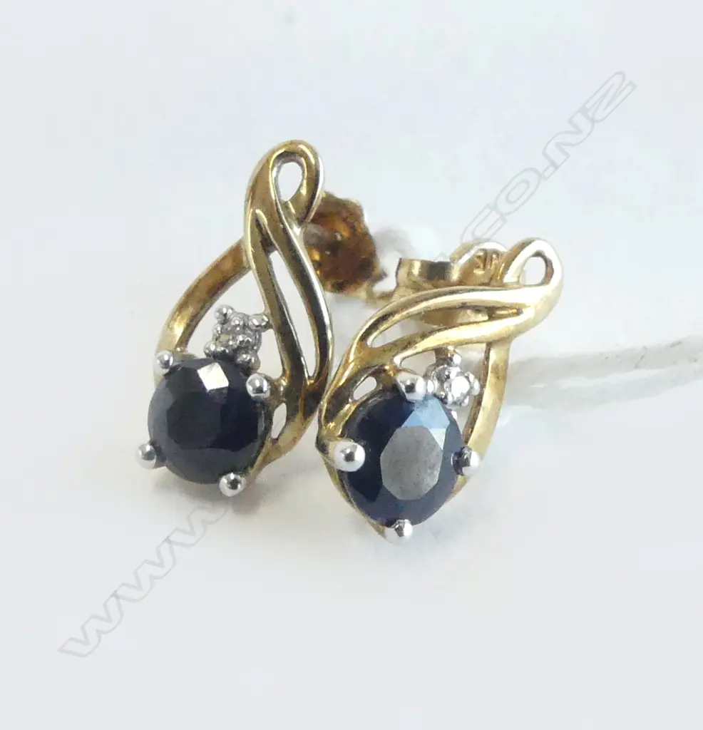 PR 9ct YELLOW GOLD SAPPHIRE & DIAMOND EARRINGS pierced ears Image 1++