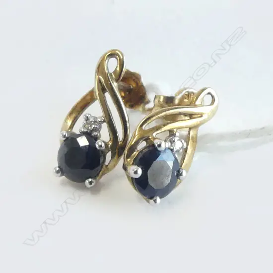 PR 9ct YELLOW GOLD SAPPHIRE & DIAMOND EARRINGS pierced ears
