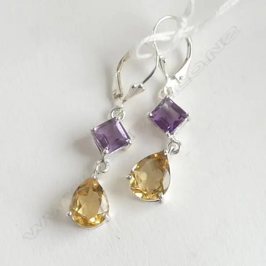 SILVER SET AMETHYST & CITRINE DROP EARRINGS, LEVER BACKS