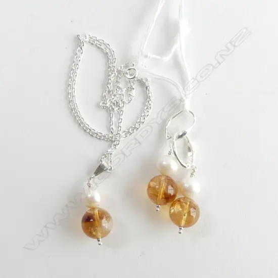 SILVER SET CITRINE & PEARL PENDANT ON SILVER CHAIN & MATCHING EARRINGS w LEVER BACKS