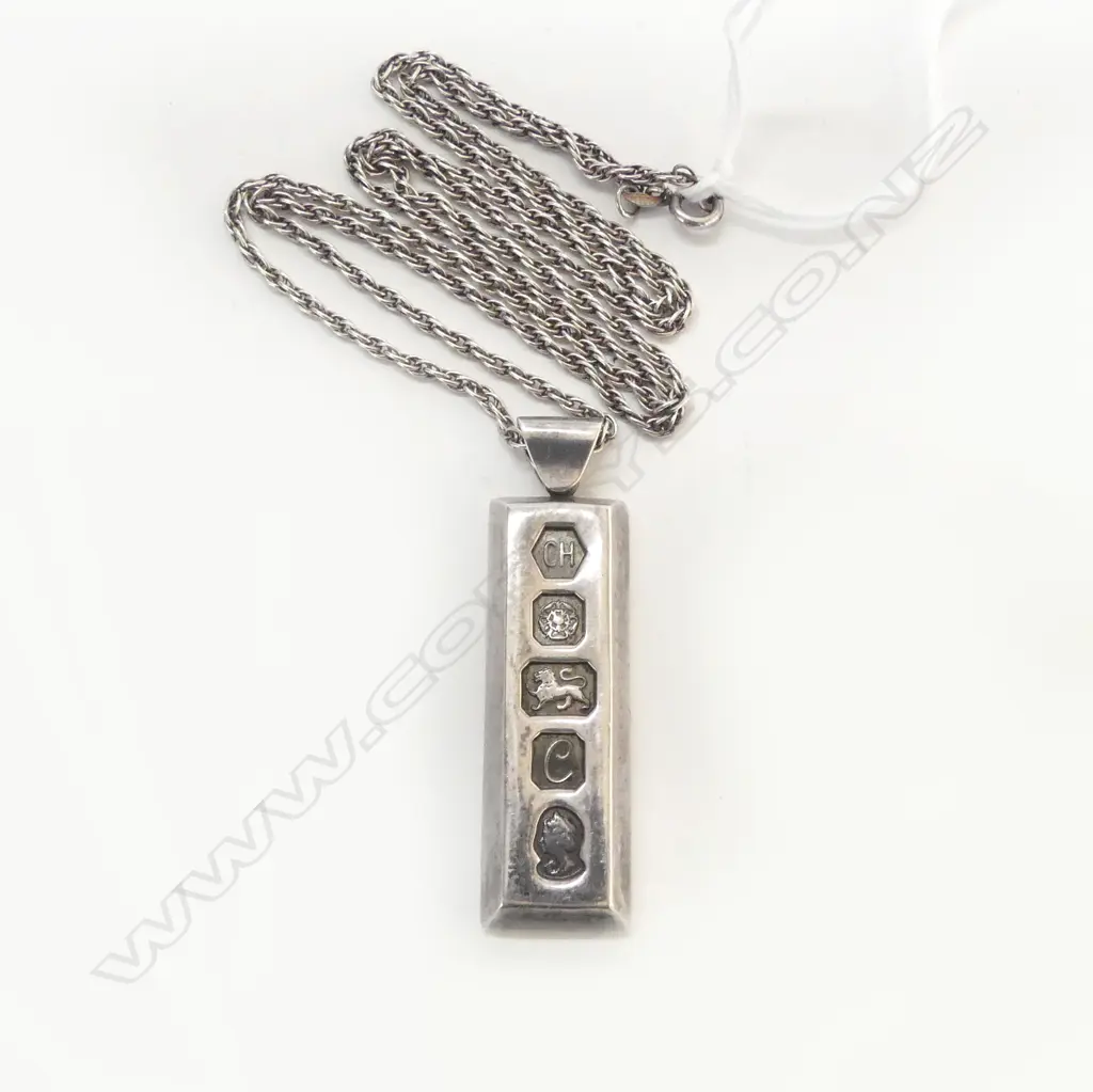 SILVER INGOT PENDANT with lge hallmarks ON CHAIN 35.8gms Image 1++