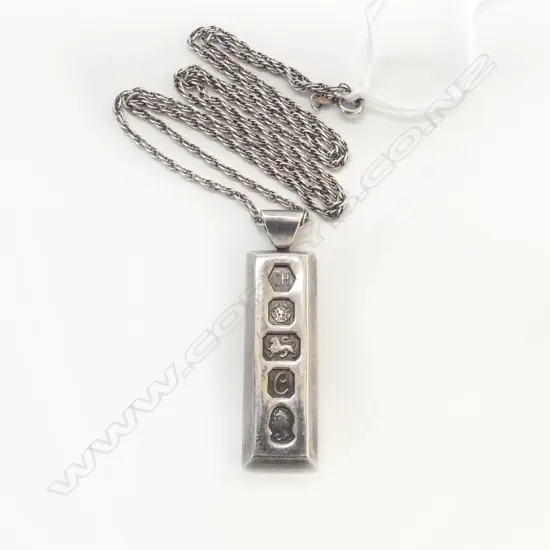 SILVER INGOT PENDANT with lge hallmarks ON CHAIN 35.8gms