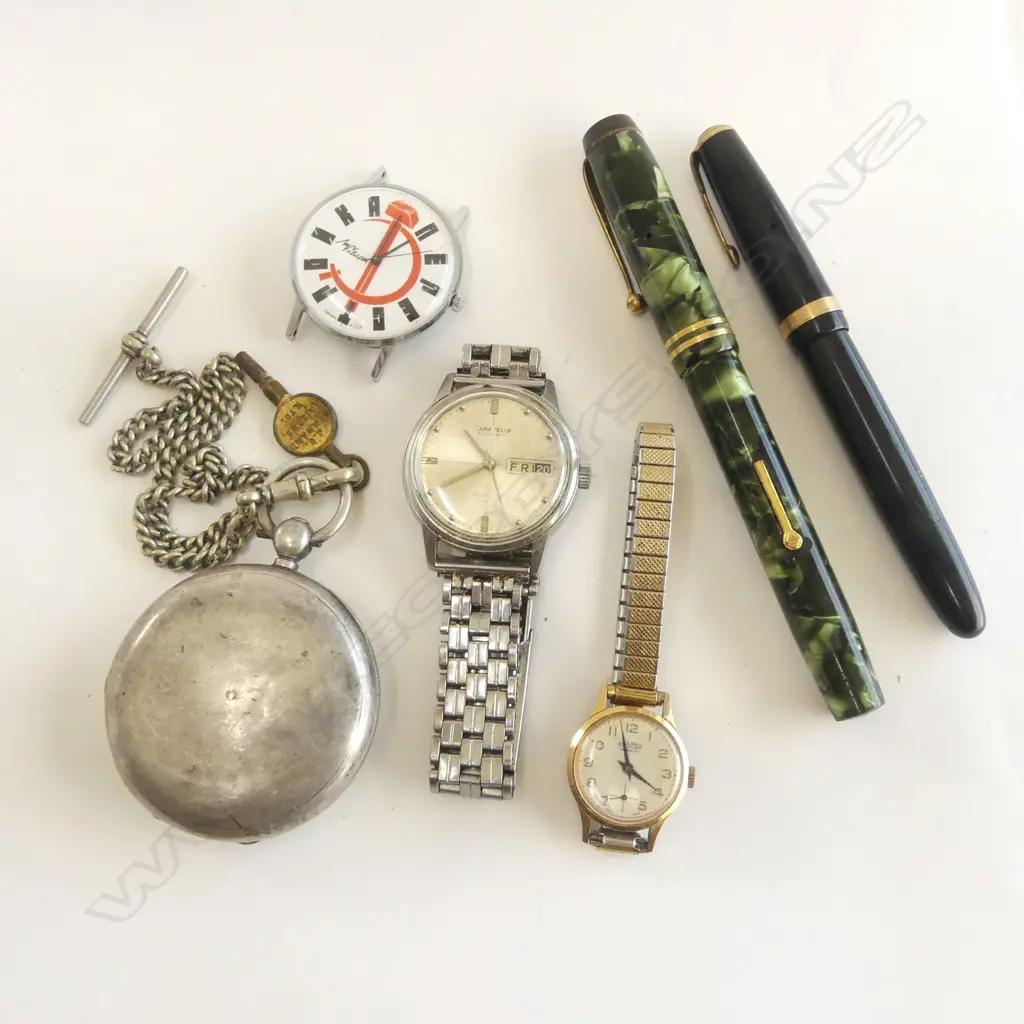 SILVER POCKET WATCH w NZ KEY + CHAIN + 3 WRISTWATCHES + 2 FOUNTAIN PENS  Image 1++