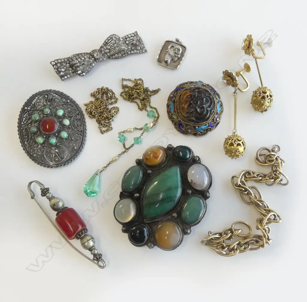 5 COSTUME GEM SET JEWELLERY PCES + NECKLACE + BRACELET + EARRINGS + PENDANT some silver Image 1++