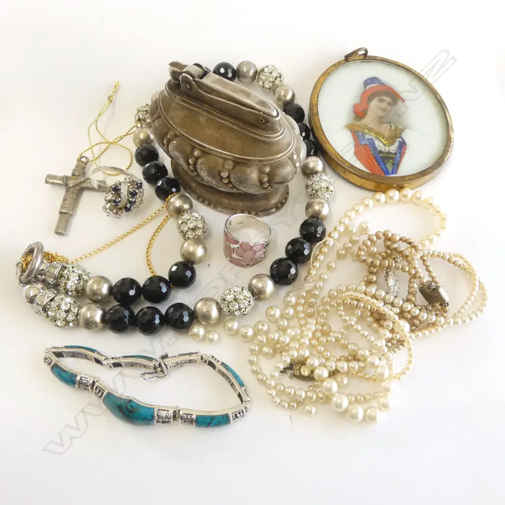 2 SILVER RINGS + RONSON LIGHTER + COSTUME JEWELLERY + PORTRAIT MINIATURE Image 1++