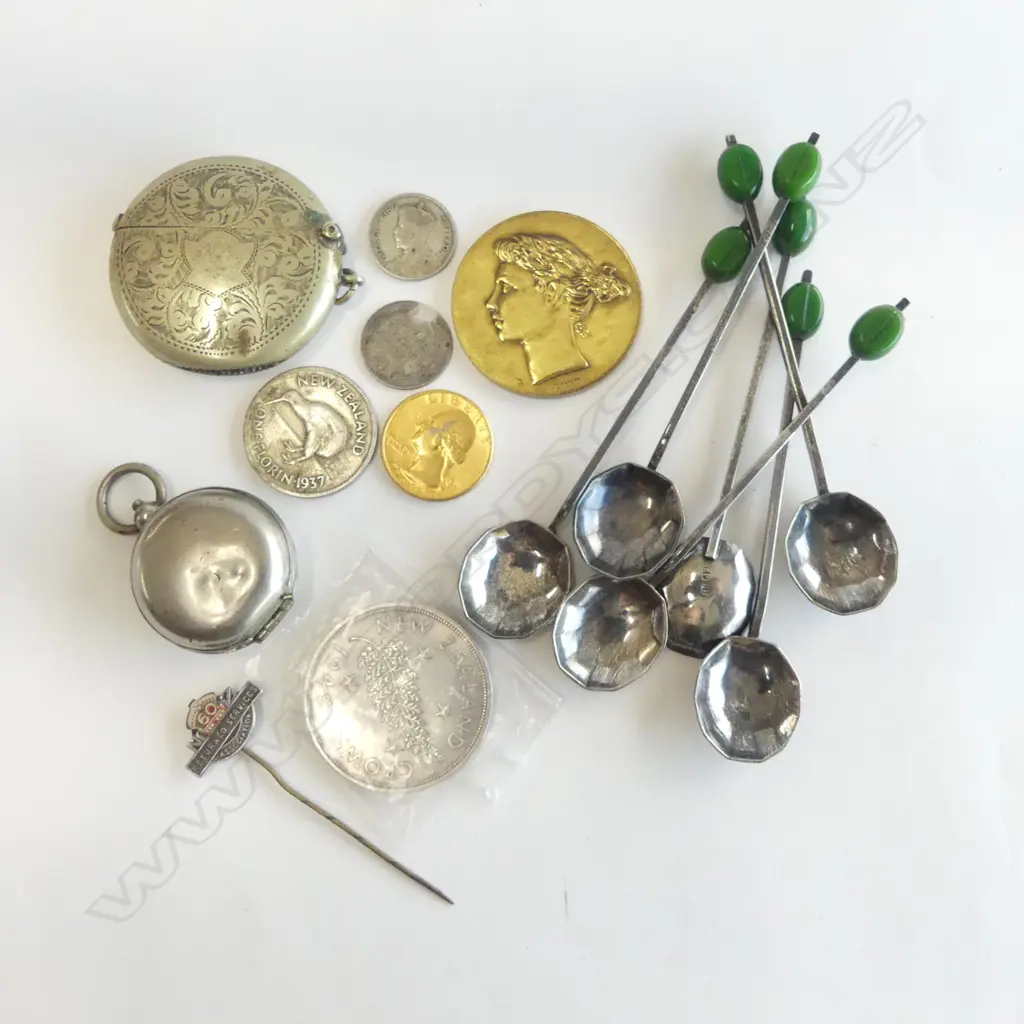 S/PLATE: CIRCULAR VESTA + SOVEREIGN CASE + SET 6 ART DECO COFFEE SPOONS  + 5 COINS & MEDALLION + RSA PIN  Image 1++