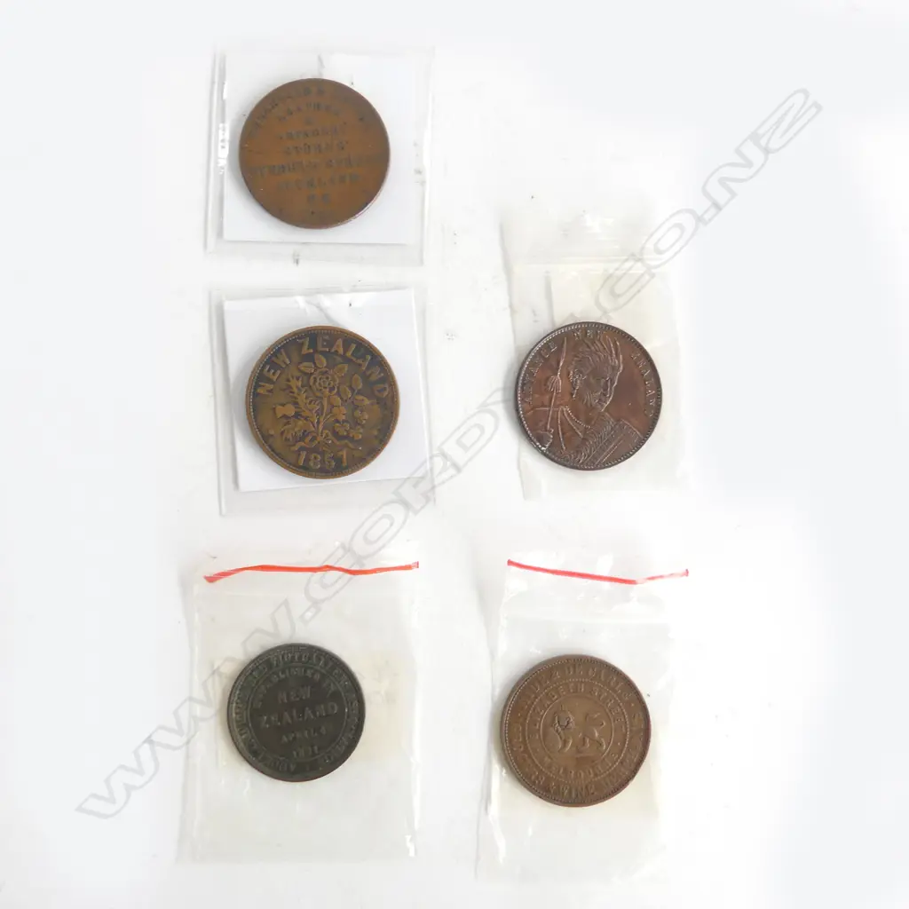 5 NZ & AUS TRADE TOKENS ONE PENNY 1857-1881 Image 1++