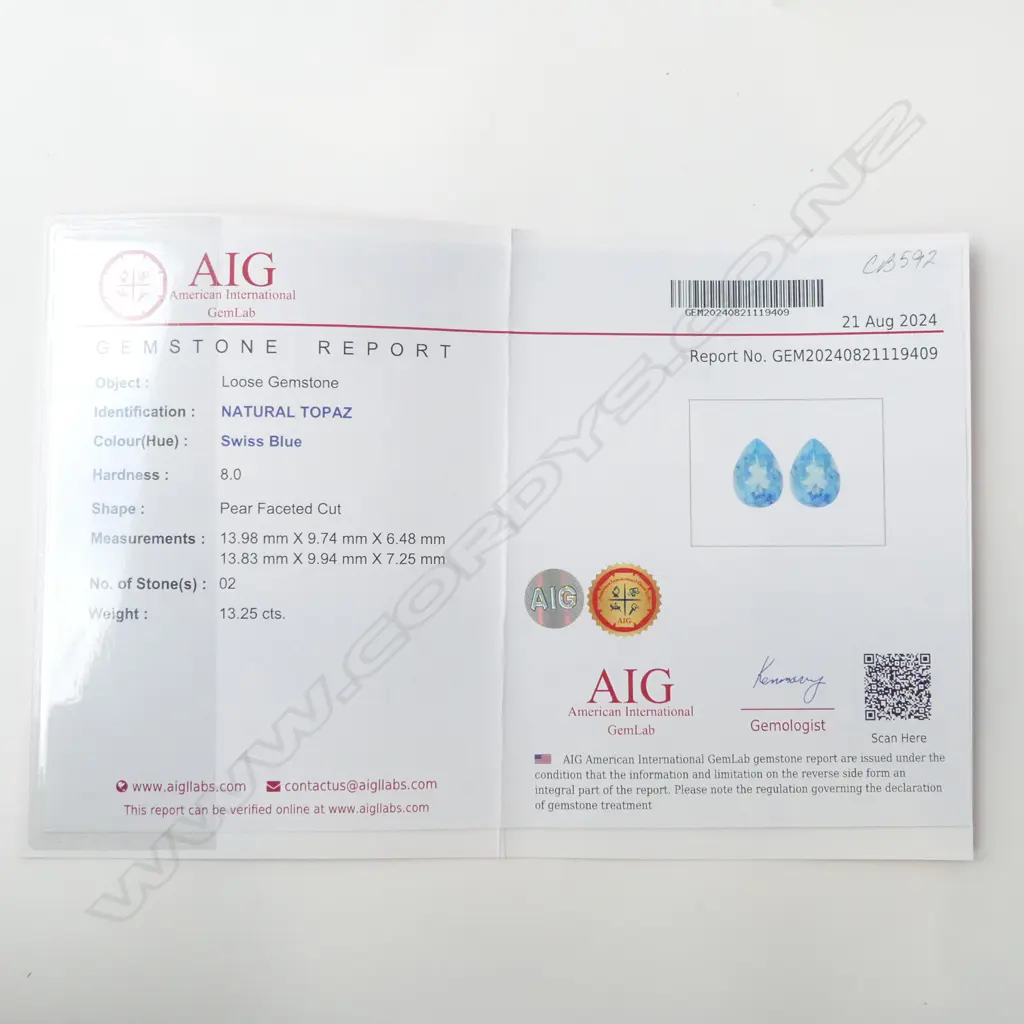 PAIR MATCHING UNSET BLUE TOPAZ 13.25ct, AIG CERT Image 1++