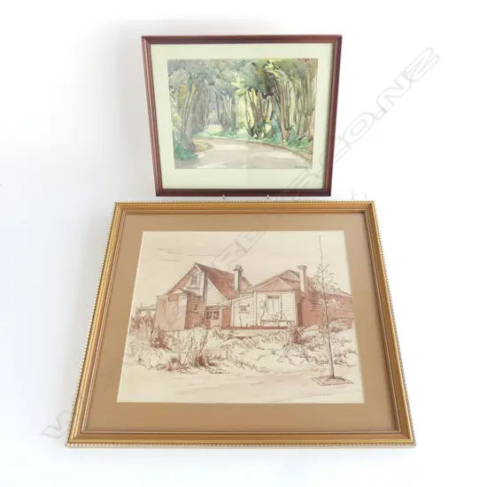 PR MAY GILBERT W/Cs; VILLA , SIGNED. H.250 x 300. TREE LINED PATHWAY, SIGNED, 165 x 220mm