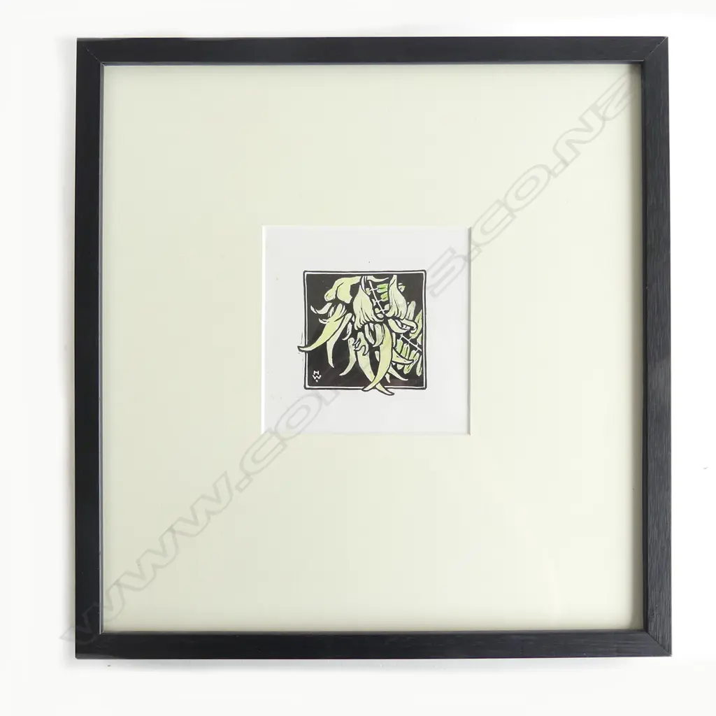 HILDA WISEMAN (1894–1982) ‘KOWHAI’, HAND-COLOURED LINOCUT 1950’S. HW MONOGRAM. 120 x 120mm Image 1++