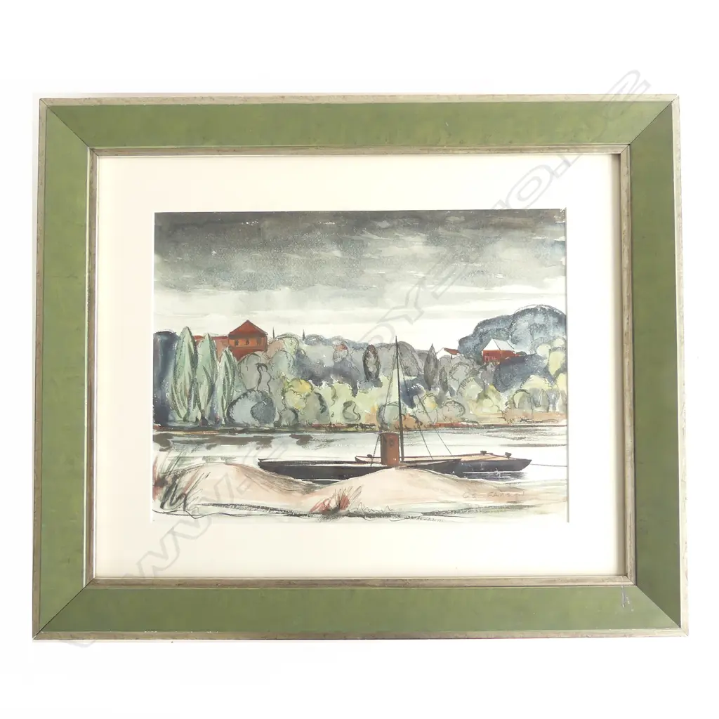 GEOFFREY FAIRBURN, BOATS ON WAIKATO RIVER, W/C. 280 x 380mm Image 1++