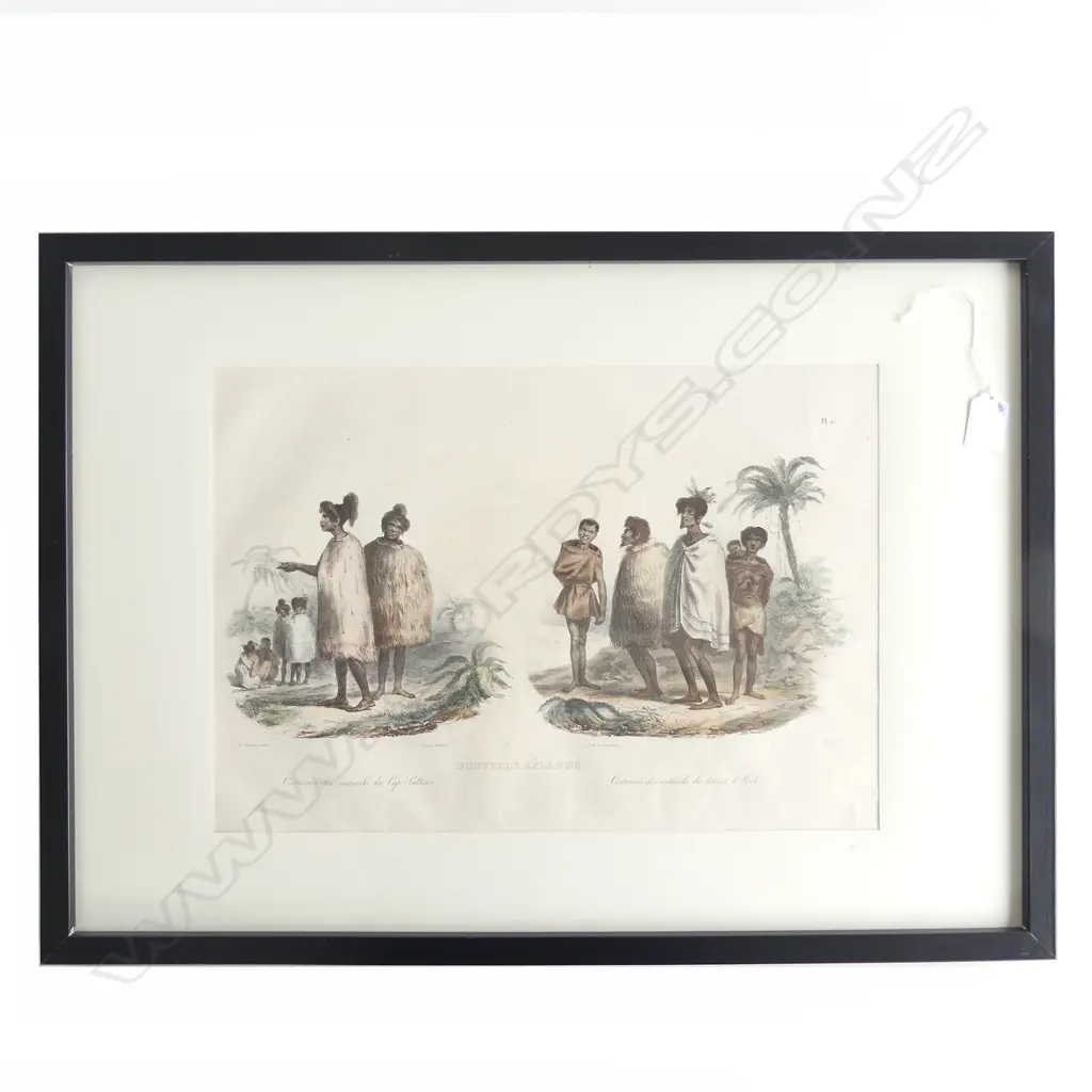 DE SAINSON, 'Costumes des naturels du Cap Palliser' HAND-COLOURED LITHOGRAPH 1835. In perspex frame. 290 x 400mm Image 1++