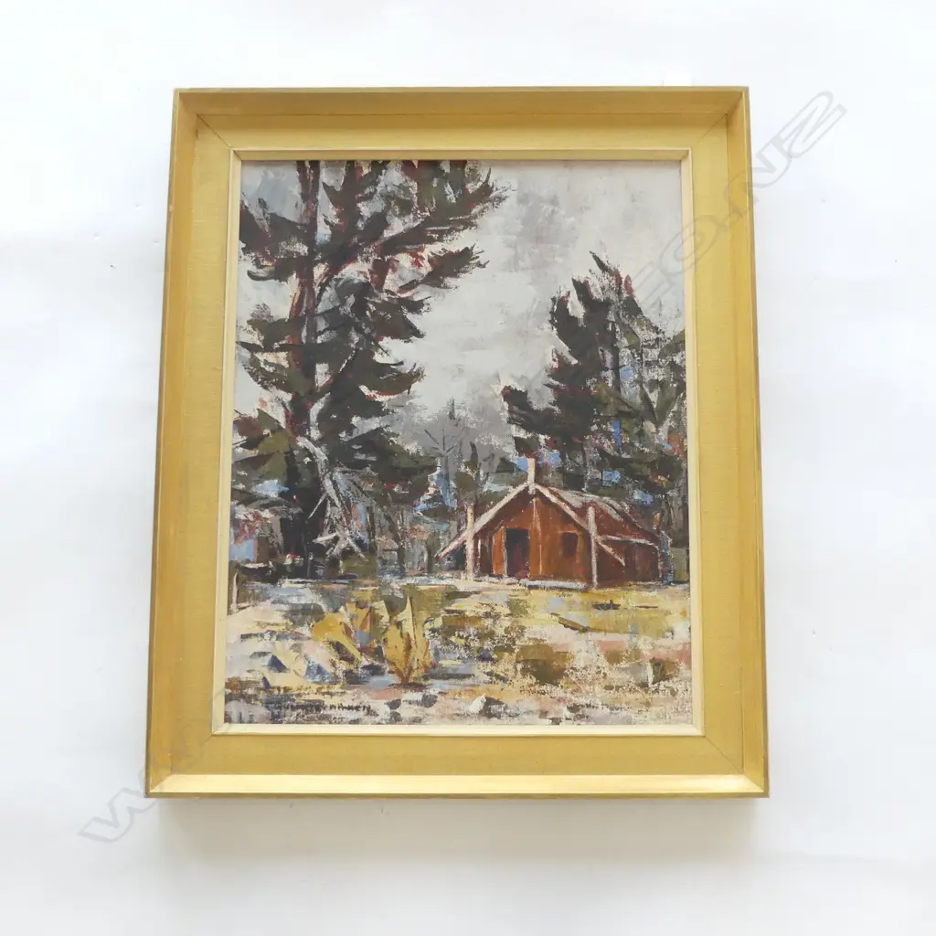 QUEENIE AITKEN OIL ON BOARD 'KING COUNTRY MARAE' 490 x 390mm deatiled verso. Signed Image 1++