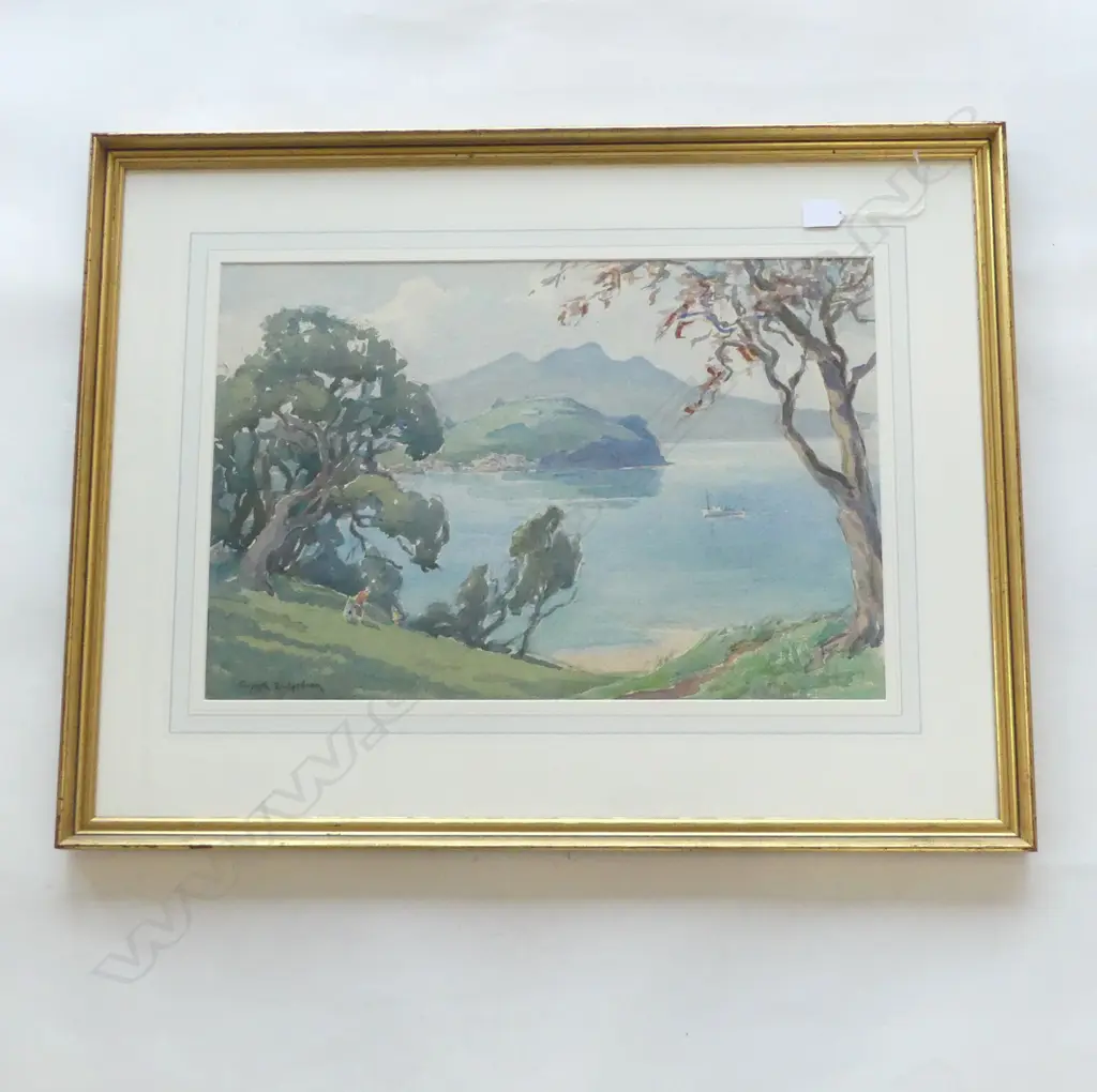 GWYNETH RICHARDSON, AUCKLAND HARBOUR FROM JUDGES BAY PARNELL w. MT VICTORIA & RANGITOTO, WC 375x560mm Image 1++