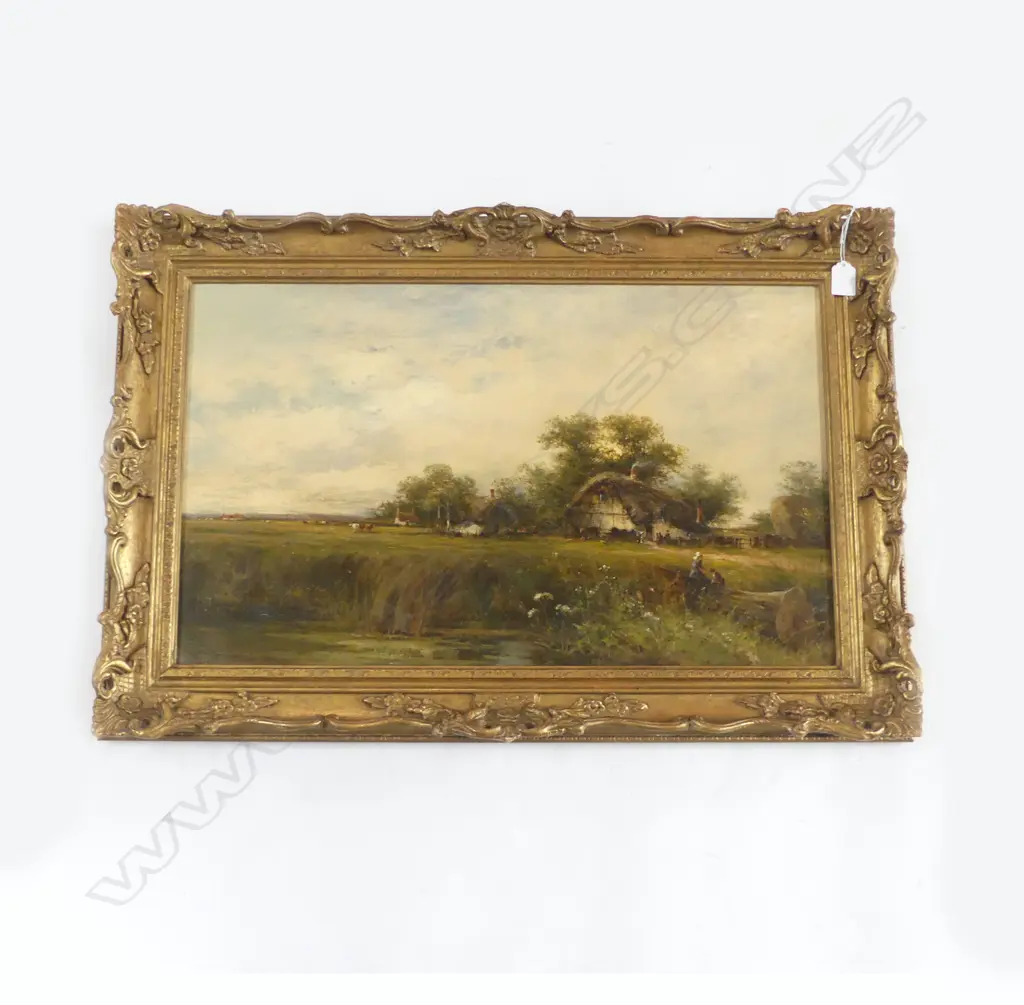 CARL BRENNIR (BRITISH 1850-1920), LANDSCAPE w. THATCHED COTTAGES, OIL ON CANVAS, 1890 385x640mm Image 1++