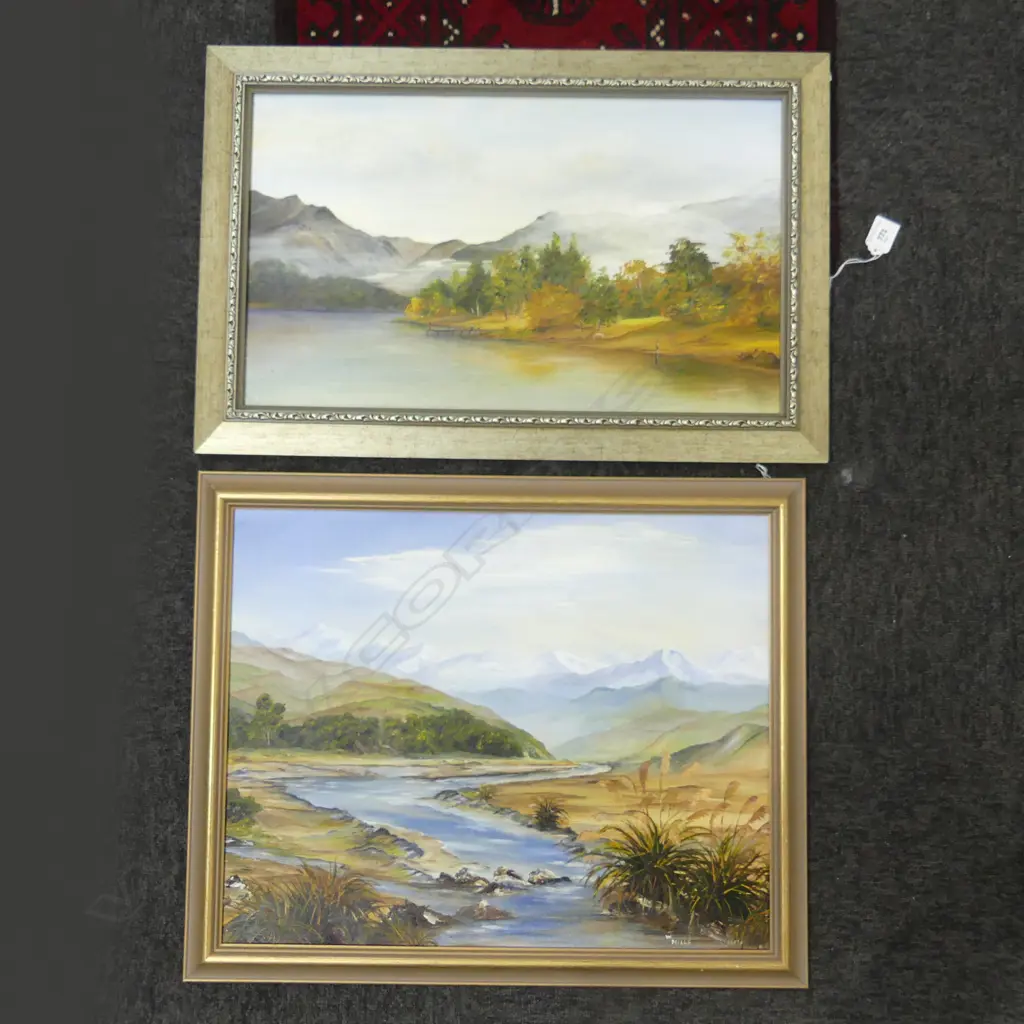 W HILLS 'LAKE TE ANAU' & 'WILBERFORCE RIVER VALLEY' OIL ON BOARD 390x490mm Image 1++