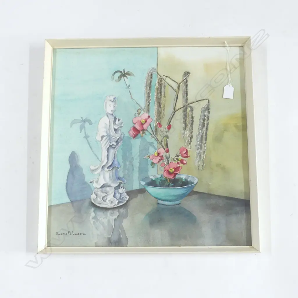 FLORENCE LUXFORD, STILL LIFE w. BLOSSOMS & ORIENTAL FIGURE, WC 495x480mm Image 1++