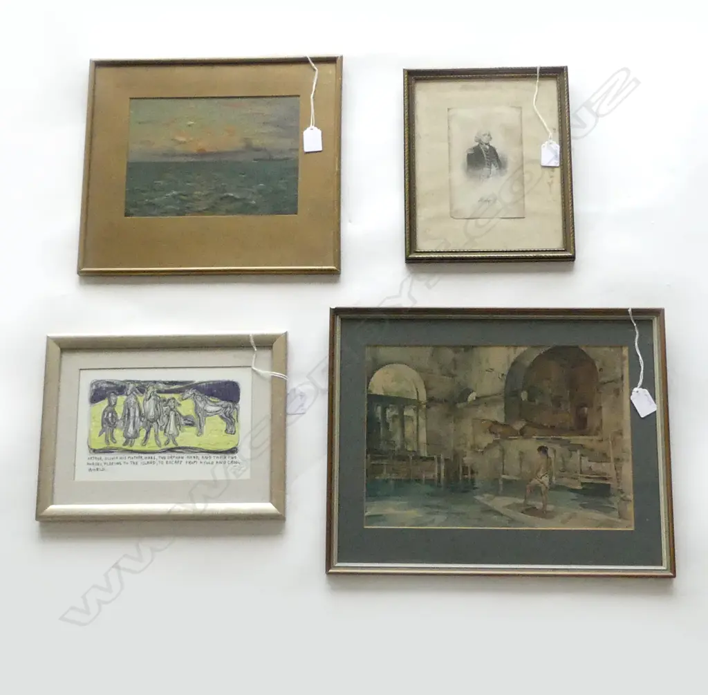 4 ARTWORKS INCL. W.A.B. 1906 SUNSET AT SEA OIL 175x235mm, RUSSEL FLINT  PRINT ETC Image 1++