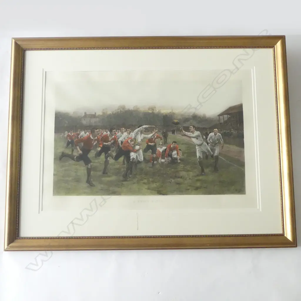 W B WOLLEN 'A RUGBY MATCH' 1895 'The Battle of the Roses' LG HANDCOLOURED ENGRAVING. H.540 x 680mm Image 1++
