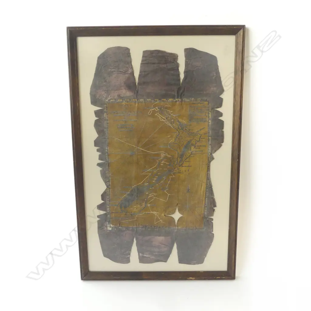 FRAMED VINTAGE CAPT. JAMES COOK MAP of NEW ZEALAND on LEATHER Image 1++