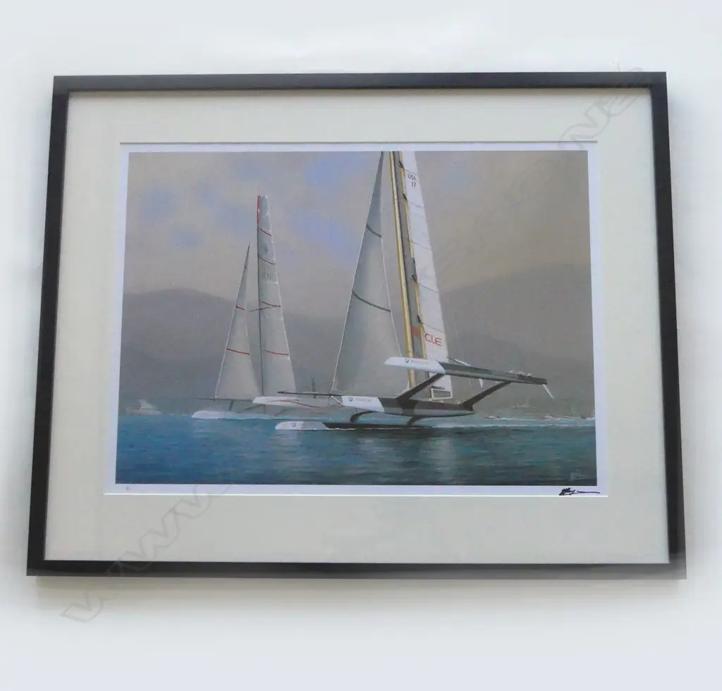 FRAMED LTD ED LITHOGRAPH AMERICA'S CUP 1995 BLACK MAGIC VS YOUNG AMERICA. Signed. H.680 x 820mm Image 1++