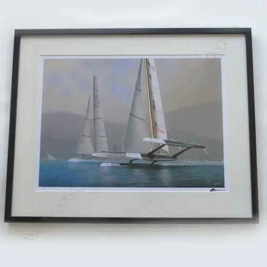 FRAMED LTD ED LITHOGRAPH AMERICA'S CUP 1995 BLACK MAGIC VS YOUNG AMERICA. Signed. H.680 x 820mm
