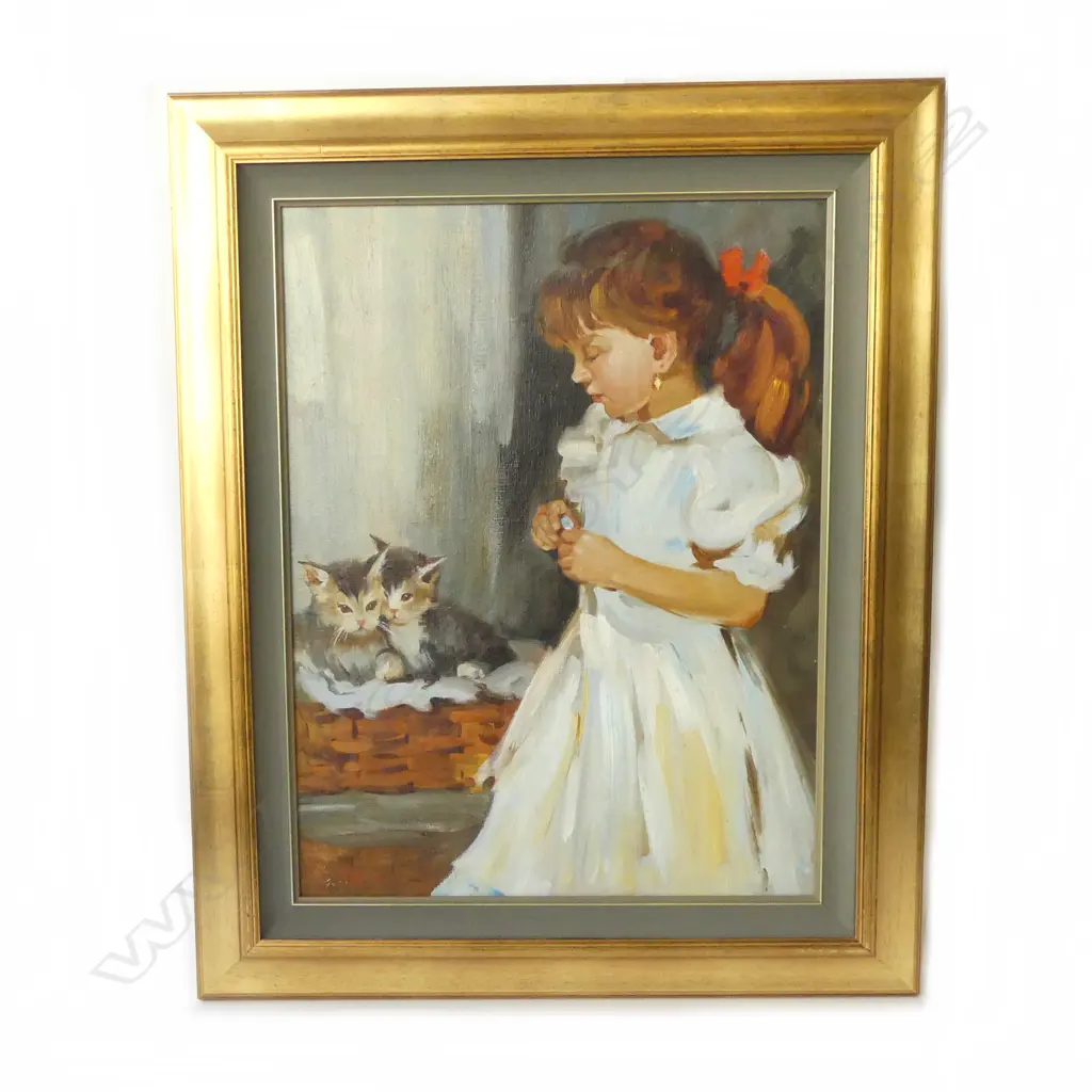 DMITRI VASILIEV (b. 1972), GIRL WITH KITTEN, OIL ON BOARD, 655x495mm Image 1++