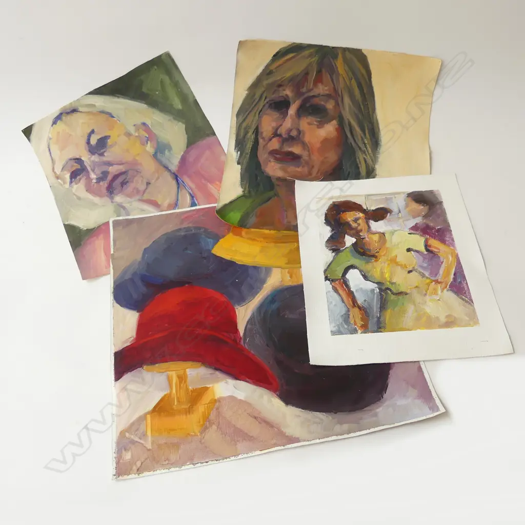 GLENYS CULLIMORE ‘MODERN DANCE’ 2015 ACRYLIC ON CANVAS AND 3 OTHERS UNFRAMED – HATS, AND TWO FEMALE FACES, L.370MM-460MM Image 1++
