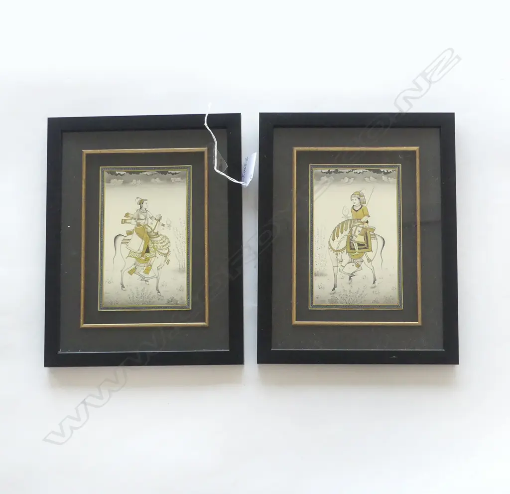 PR VINTAGE INDIAN MINIATURE INK & W/C PAINTINGS hunters on horseback gilt highlights 150 x 90mm. Framed w UV glass Image 1++