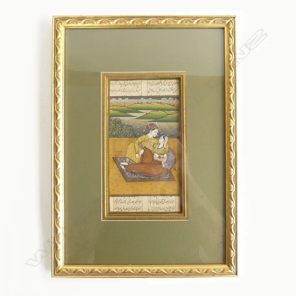 ORNATELY FRAMED MUGHAL PAINTING, COUPLE ON TERRACE OVERLOOKING RIVER, 210 X 110mm Image 1++