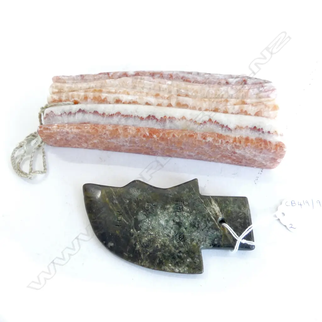 2 PCES CARVED STONE; 'BACON' L.180mm & AXE HEAD L.115mm Image 1++