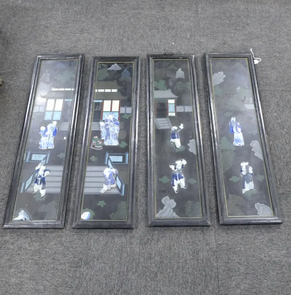 4 ORIENTAL BLACK LACQUER PANELS w. CUT OUT B/W CERAMIC FIGURES 880x240mm each Image 1++