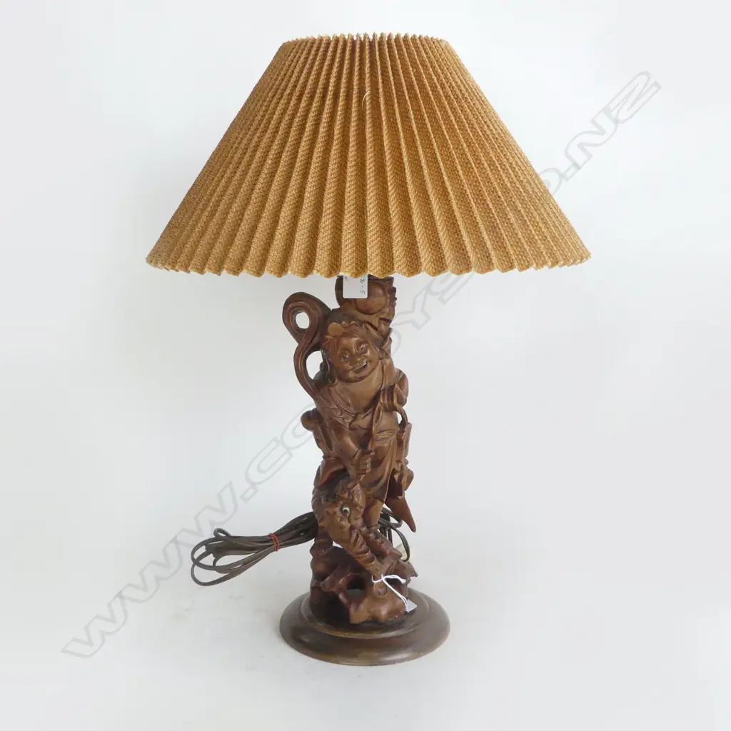 VINTAGE CHINESE CARVED WOODEN TABLE LAMP, DIETY & DRAGON, PLEATED SHADE. H.420mm Image 1++