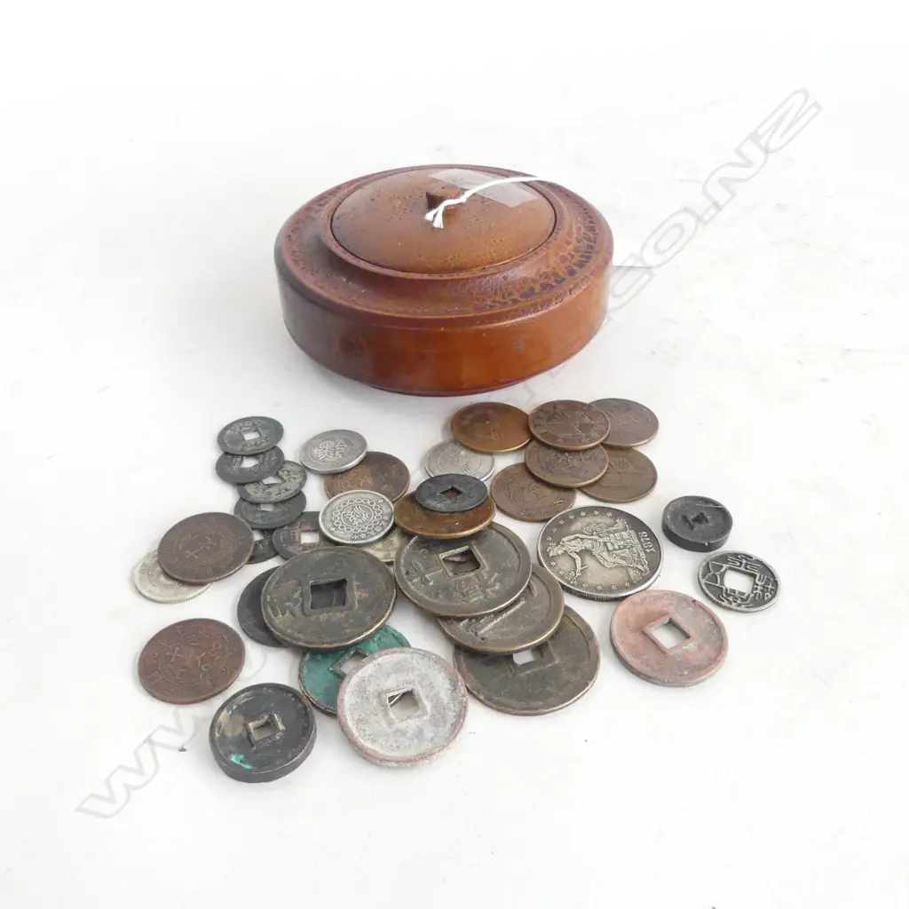 ASST. COINS, MOSTLY ORIENTAL, IN WOODEN CONTAINER 130mm dia Image 1++