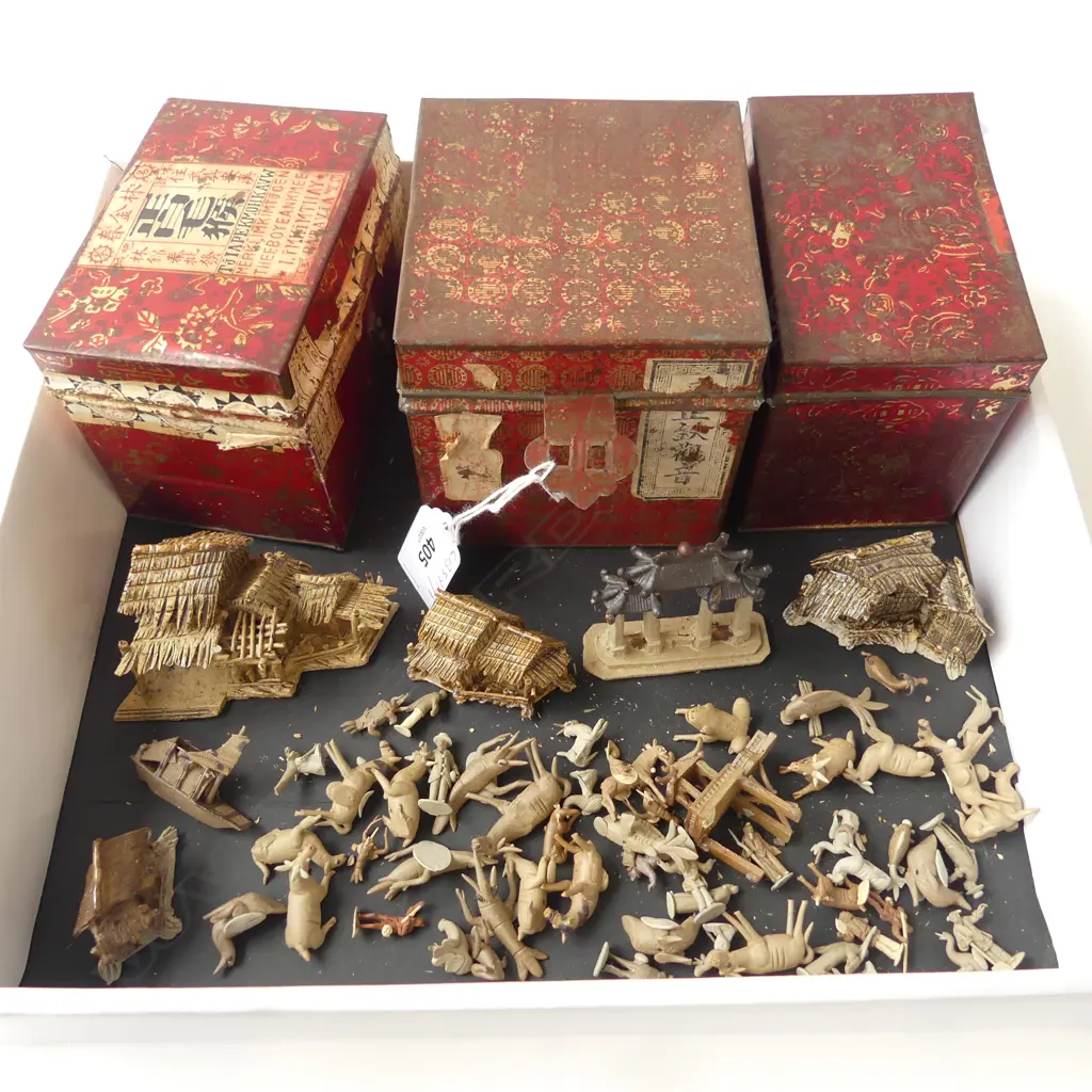 OLD CHINESE MINIATURE VILLAGE POTTERY INCL. HOUSES, PEOPLE, ANIMALS, SHIP ETC IN 3 RED TEA TINS Image 1++