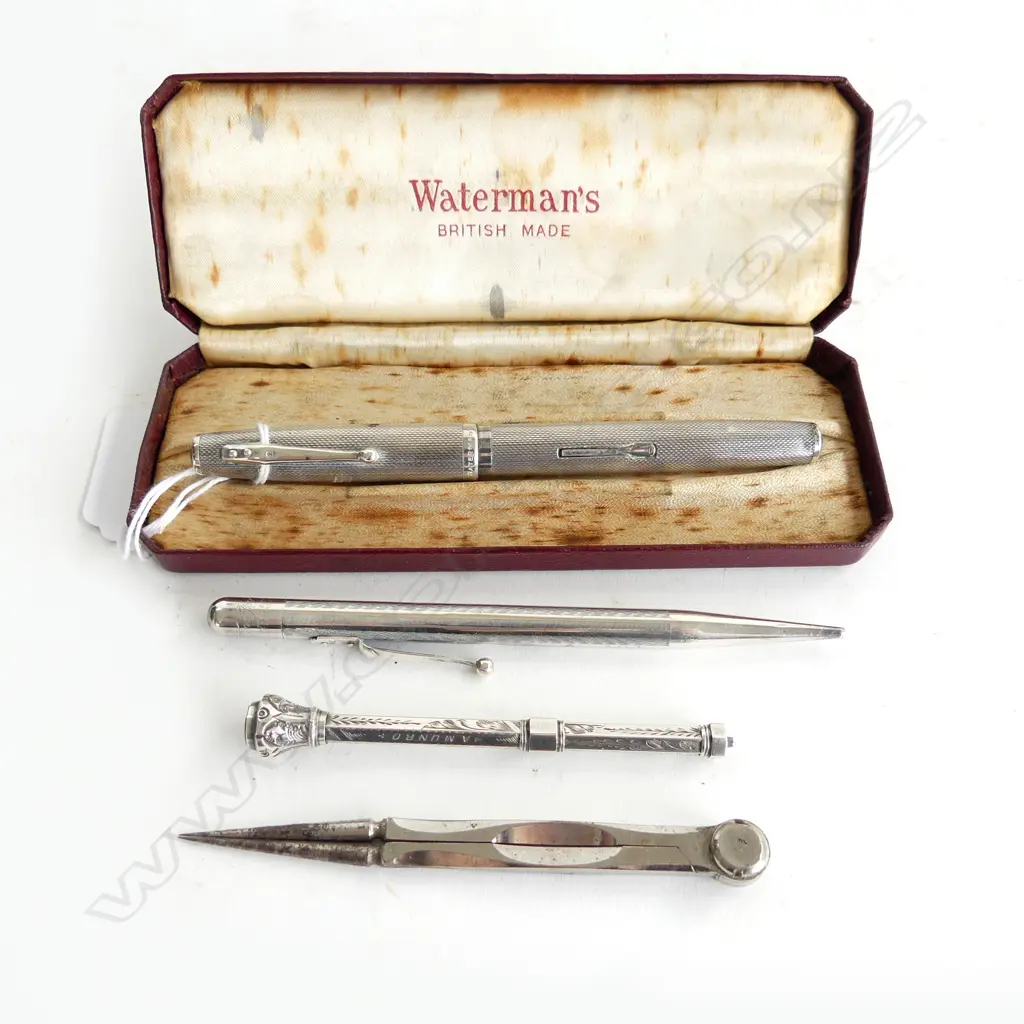 STG SILVER WATERMAN FOUNTAIN PEN w. 14CT NIB, LONDON 1953, CASED + 2 STG PENCILS & DRAWING COMPASS Image 1++
