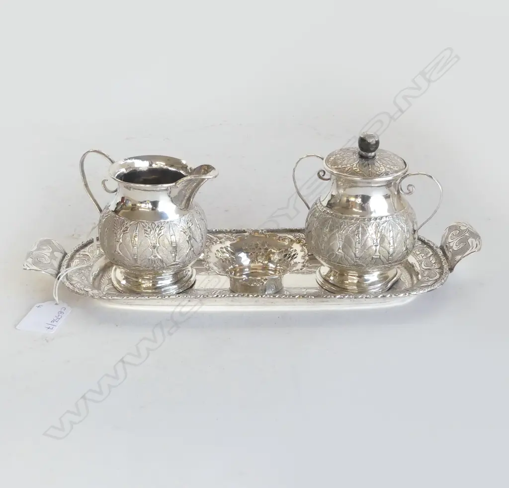 MIDDLE EASTERN SILVER TRAY, JUG & LIDDED SUGAR + 835 SILVER DISH 363gms Image 1++