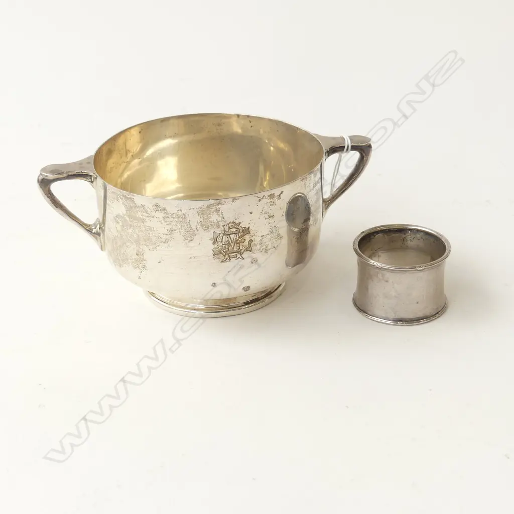 SILVER TROPHY BOWL Sheffield 1926 + silver NAPKIN RING 1922. 300gms. Image 1++