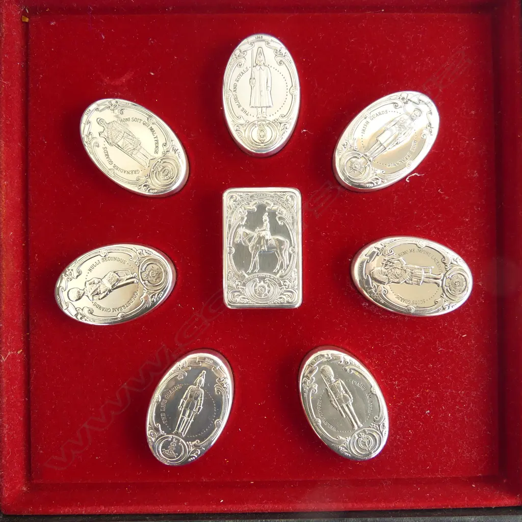 STERLING SILVER BOXED SET OF  EIGHT CONTAINERS 'THE GUARDS REGIMENT' STERLING SILVER, 25gm EACH Image 1++
